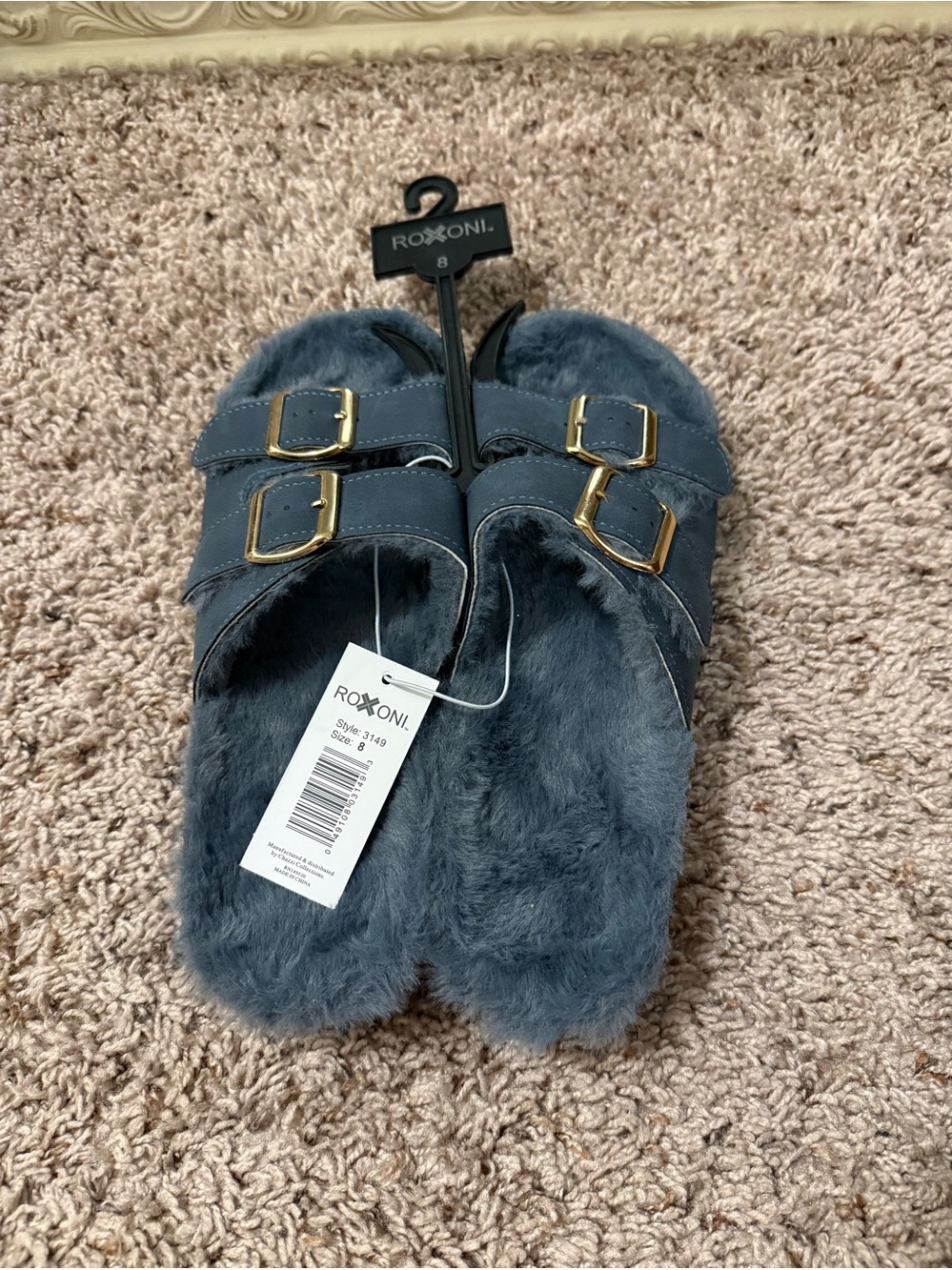Women's Blue Faux Fur Double-Buckle Slide